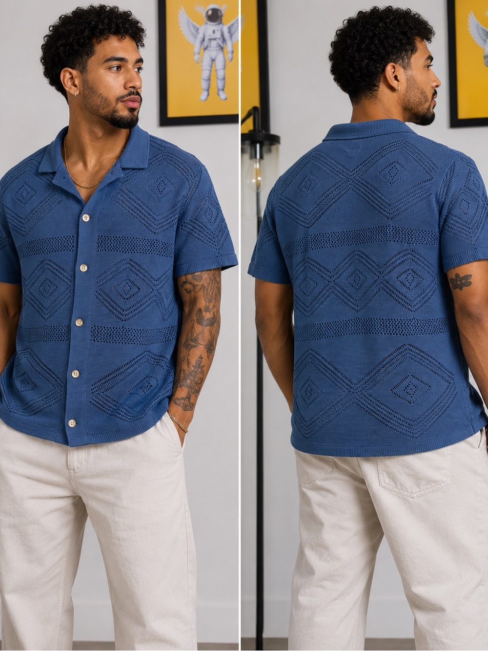 Sandstone Blue Crochet Mid Weight Button Down